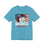 T-Shirt — "Meowica" Patriotic Cat Tee (American Flag, Funny 4th of July Shirt)