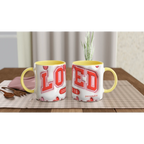 Yellow mug with red lettering and customizable text
