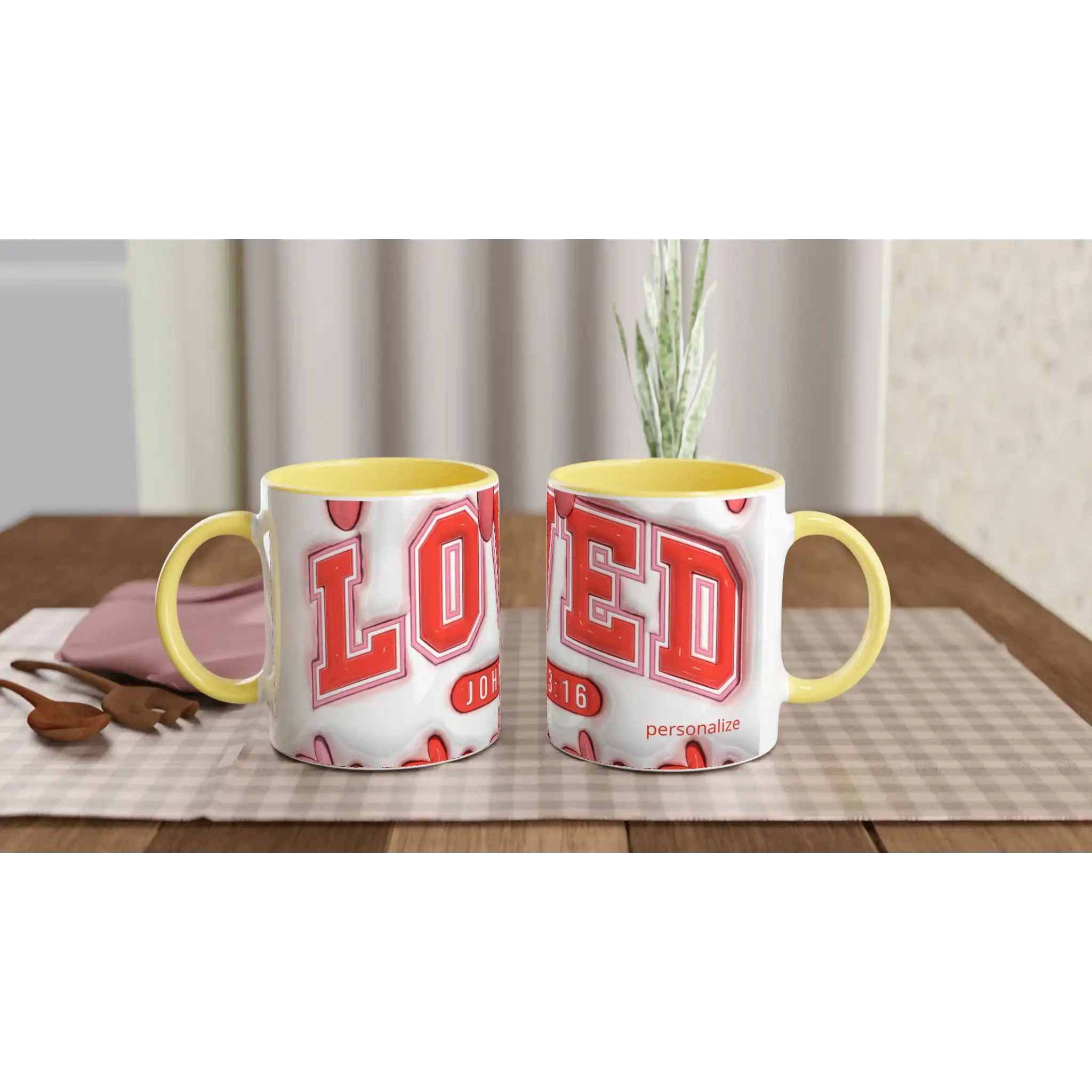 Yellow mug with red lettering and customizable text