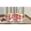 Yellow mug with red lettering and customizable text
