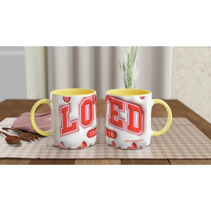 Yellow mug with red lettering and customizable text