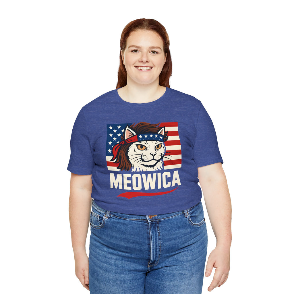 T-Shirt — "Meowica" Patriotic Cat Tee (American Flag, Funny 4th of July Shirt)
