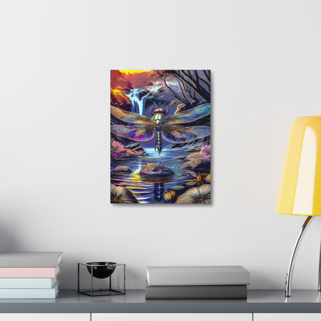 Dragonfly Fantasy Stretched Canvas Wall Art — Colorful Waterfall Nature Scene