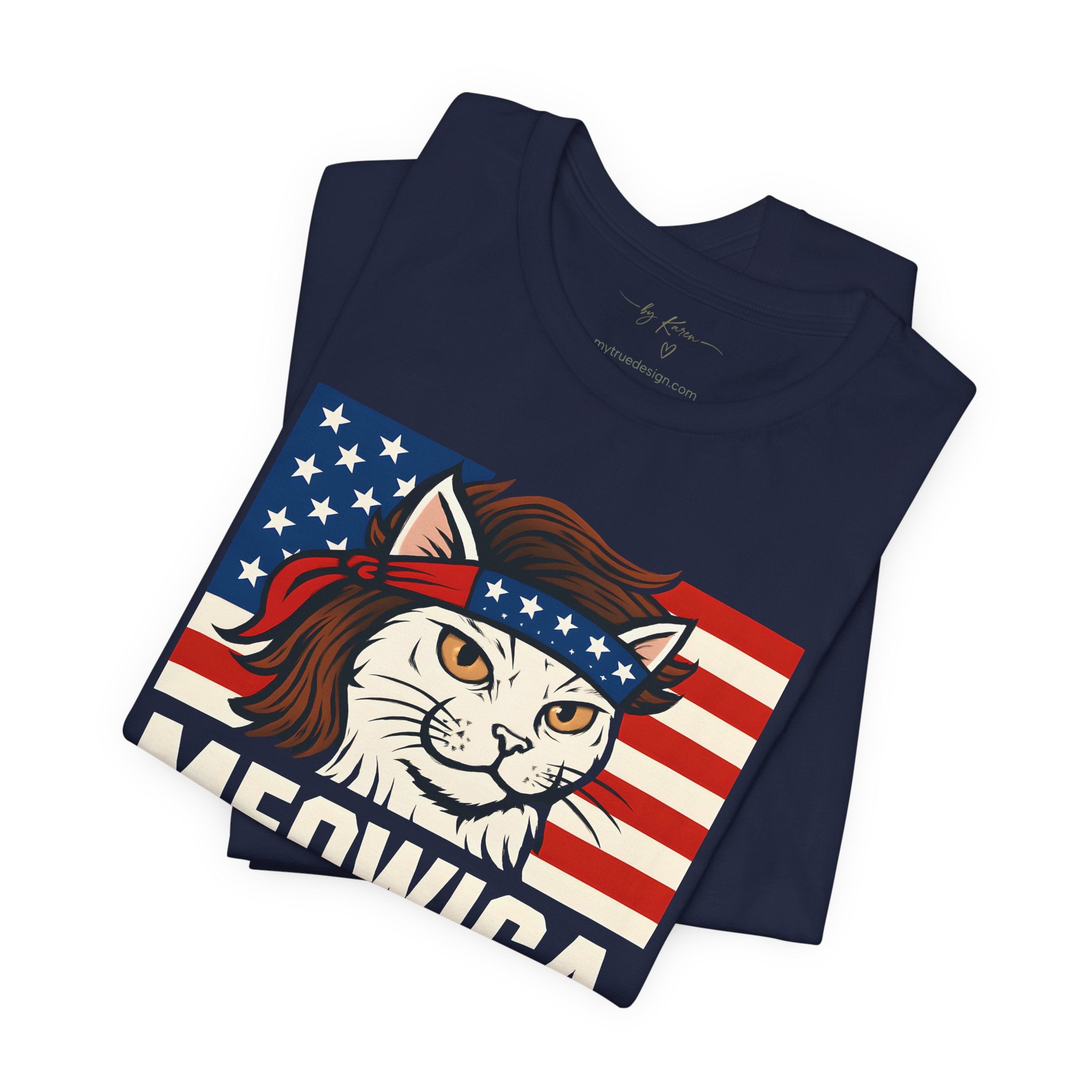 T-Shirt — "Meowica" Patriotic Cat Tee (American Flag, Funny 4th of July Shirt)