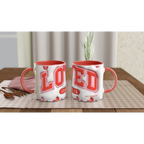 Red and white personalized 11oz ceramic mug with bold letter design