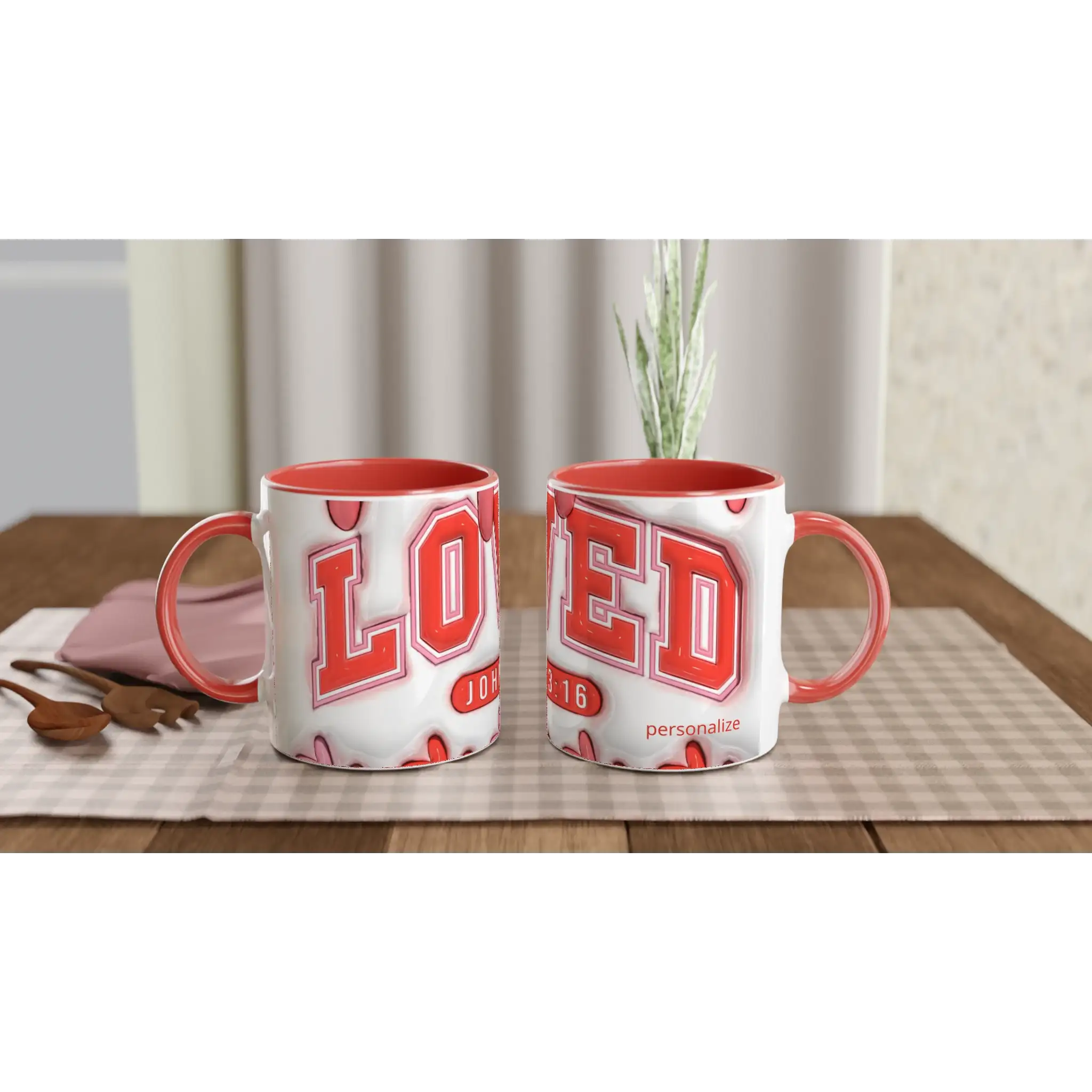 Red and white personalized 11oz ceramic mug with bold letter design