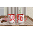 Red and white personalized 11oz ceramic mug with bold letter design