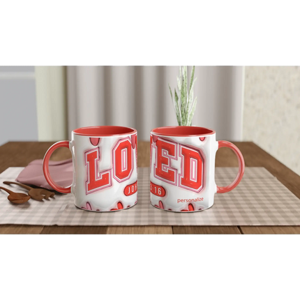 Red and white personalized 11oz ceramic mug with bold letter design
