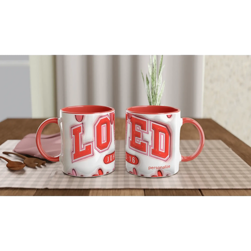 Red and white personalized 11oz ceramic mug with bold letter design