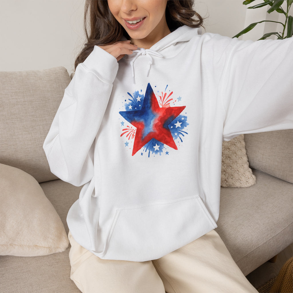 Patriotic Red & Blue Star Hoodie — 4th of July Firework Sweatshirt