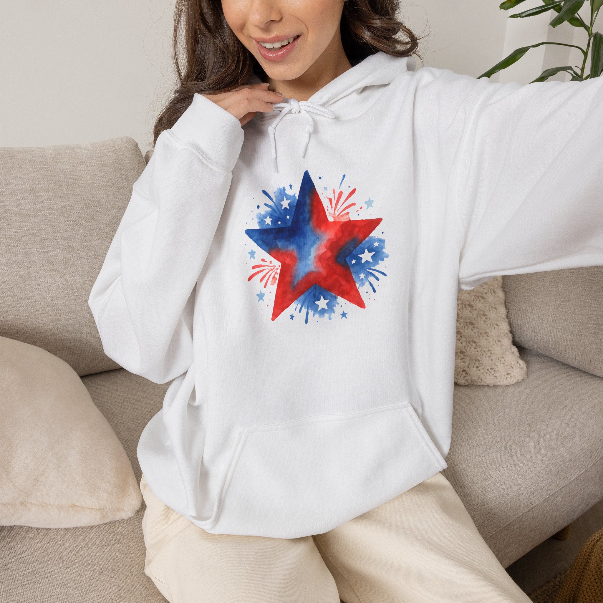 Patriotic Red & Blue Star Hoodie — 4th of July Firework Sweatshirt