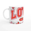 Red and pink graphic mug with colored rim