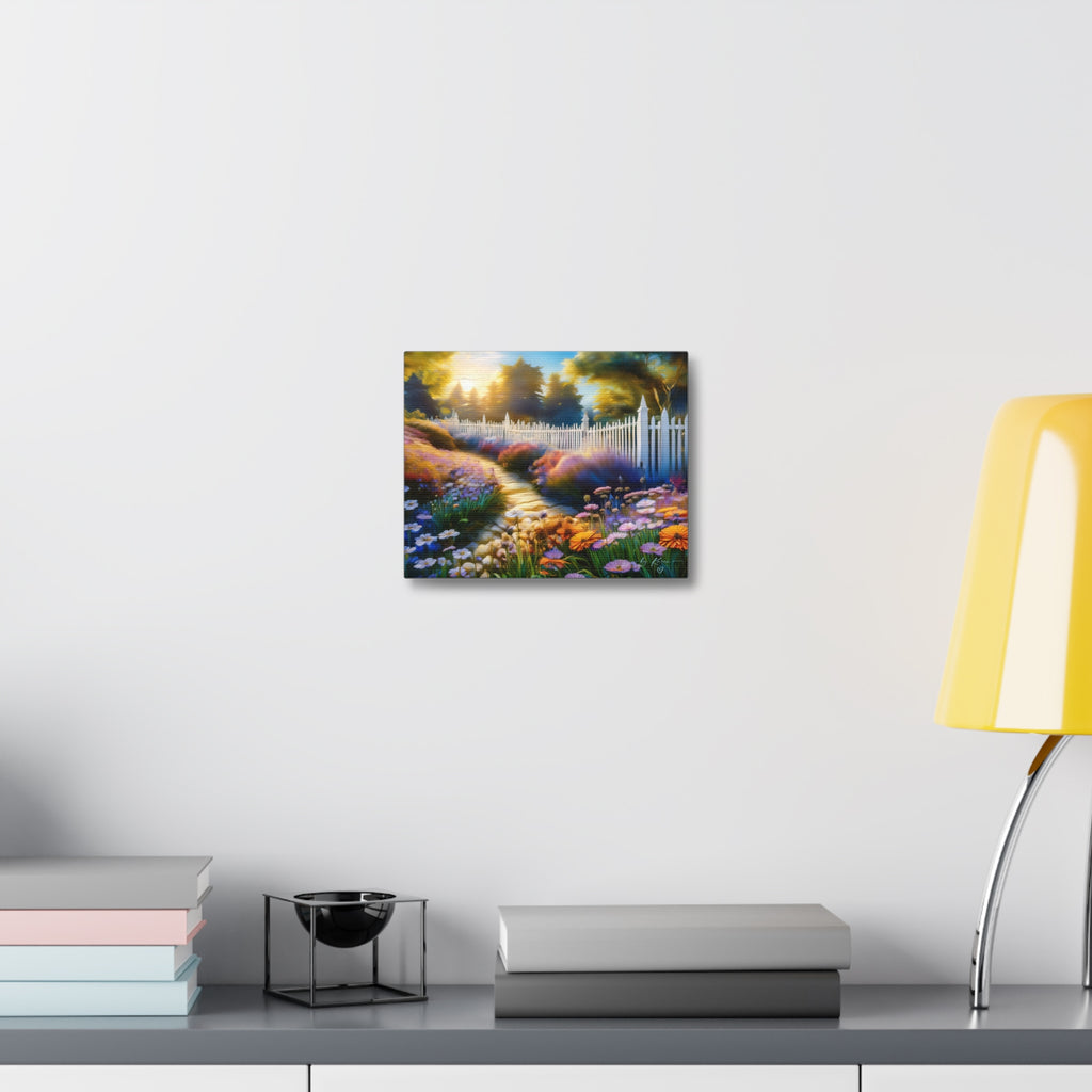 Sunlit Garden Path Stretched Canvas – Colorful Floral Landscape Wall Art