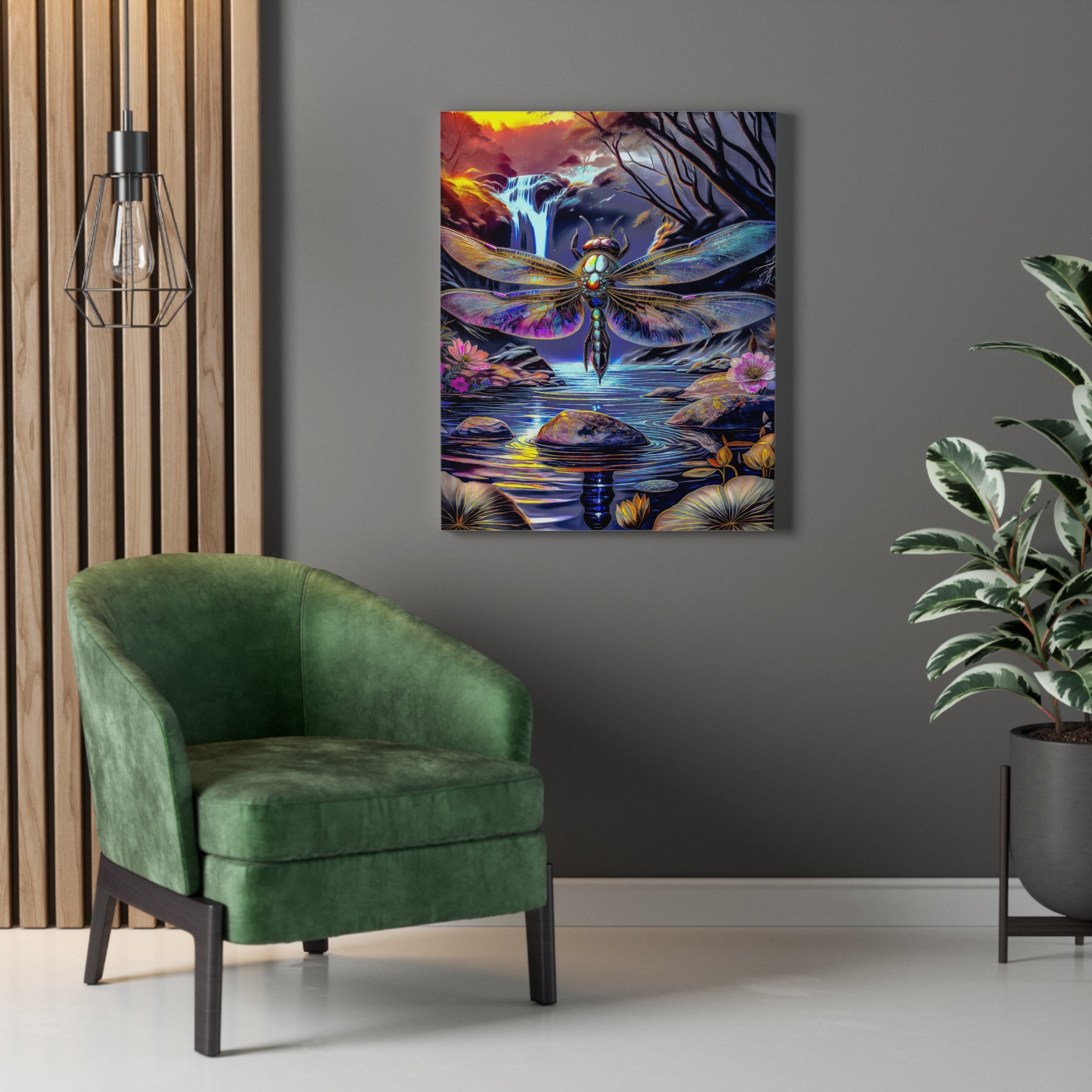 Dragonfly Fantasy Stretched Canvas Wall Art — Colorful Waterfall Nature Scene