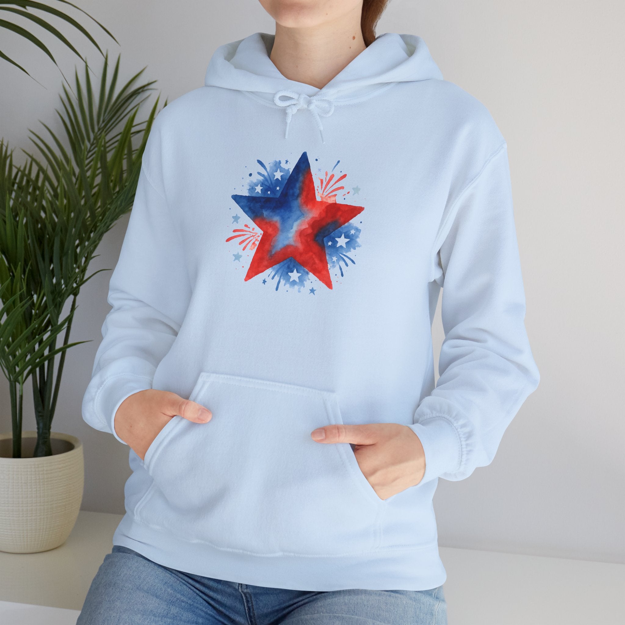 Patriotic Red & Blue Star Hoodie — 4th of July Firework Sweatshirt