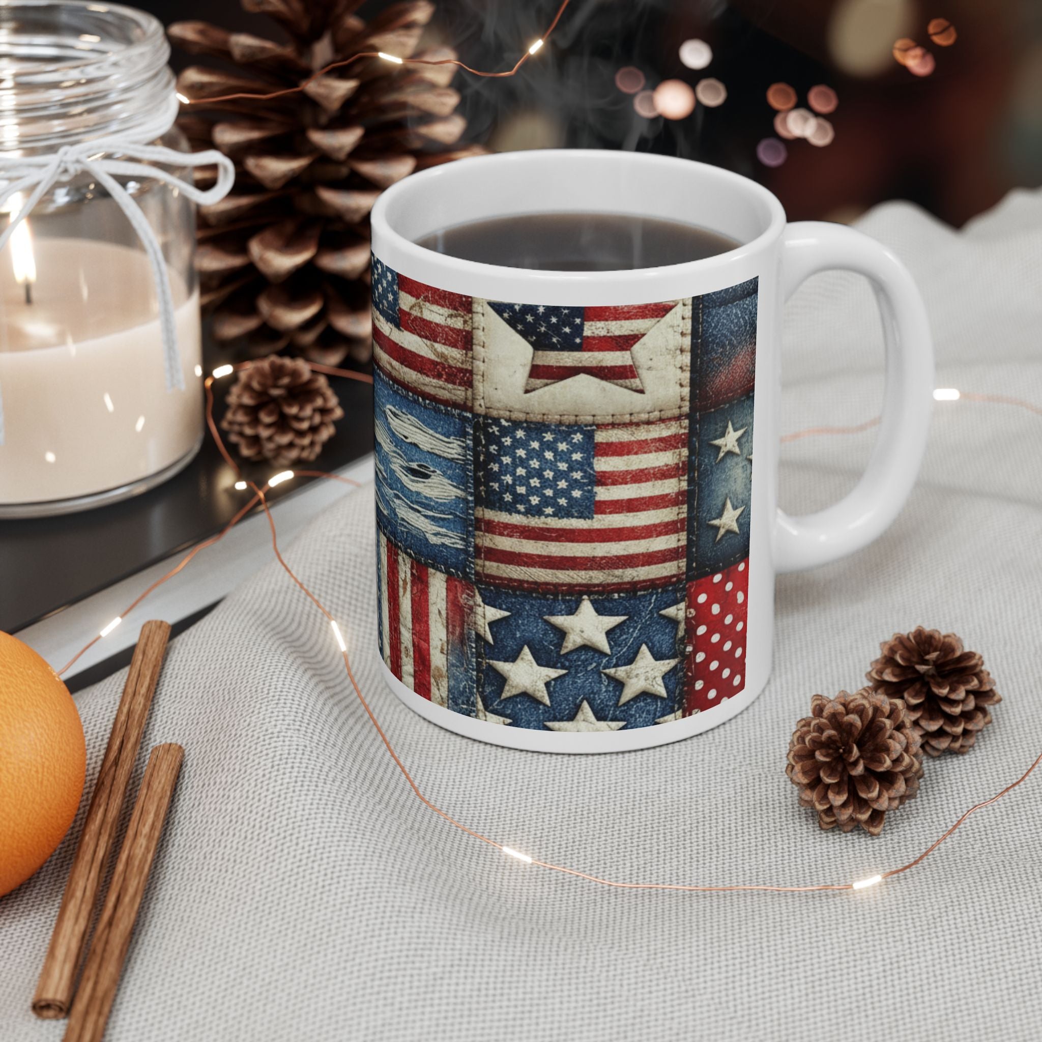 Patriotic Patchwork Ceramic Mug with American Flag Design