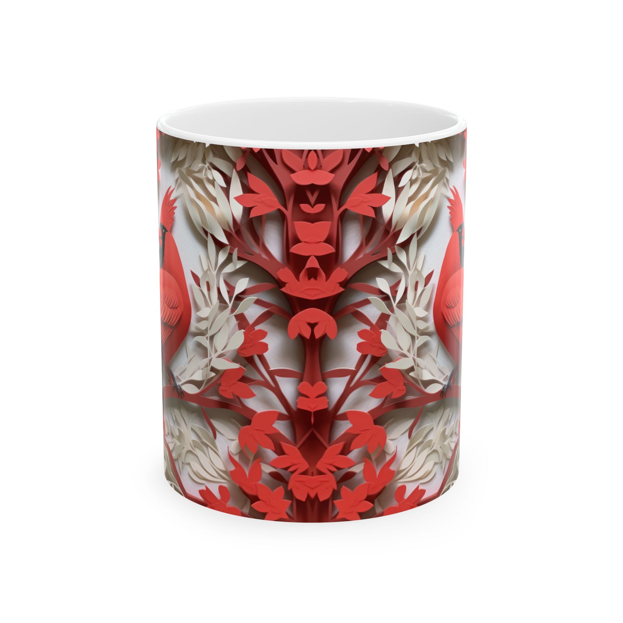 Red Paper-Cut Floral Ceramic Mug (11oz & 15oz) — Botanical Symmetry Coffee Cup
