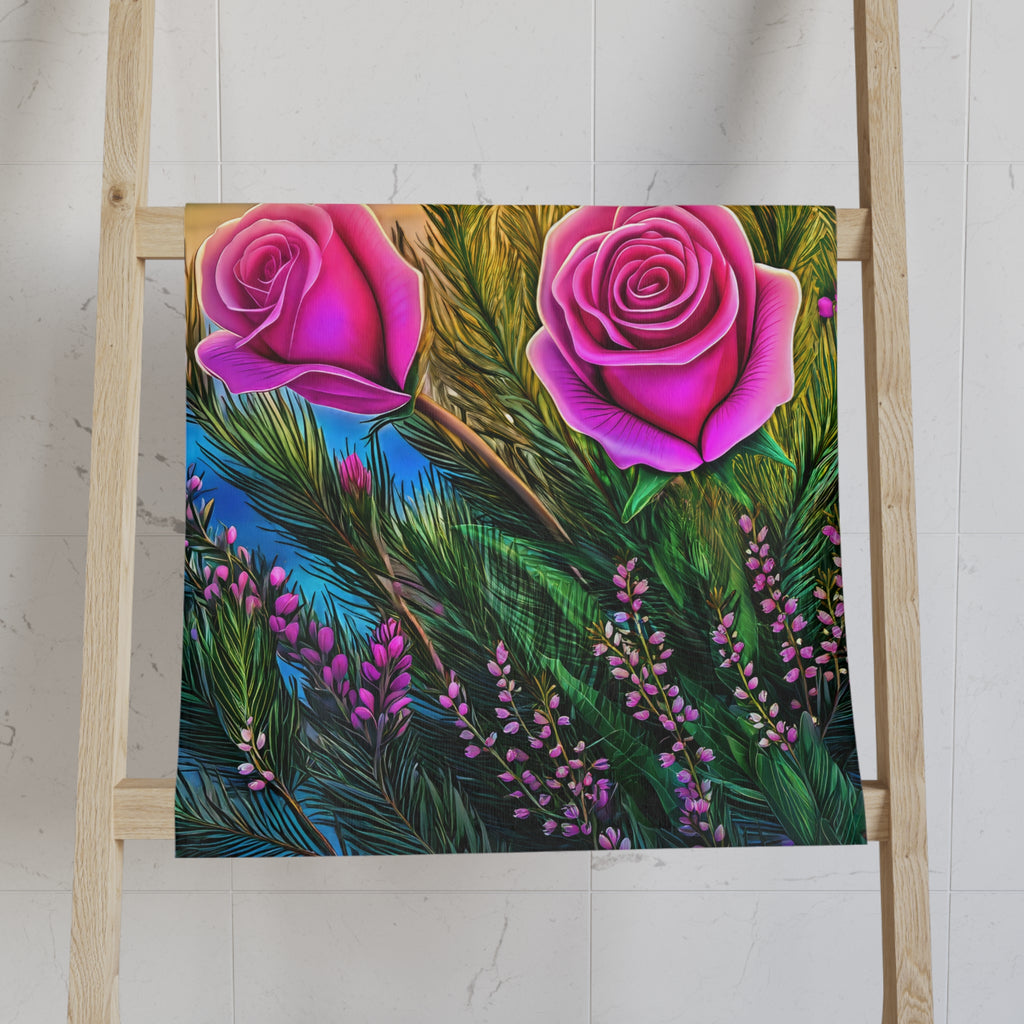 Floral Rose Bouquet Hand Towel with Vibrant Pink Roses