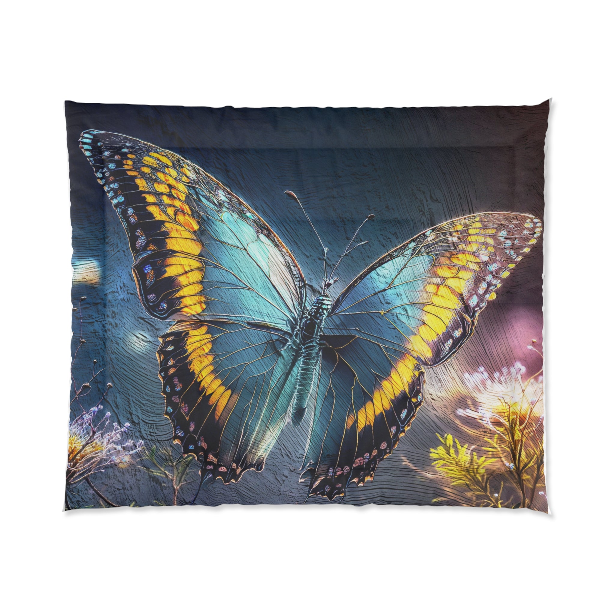 Blue Butterfly Comforter - Floral Nature Bedding, Dreamy Garden Bedroom Décor