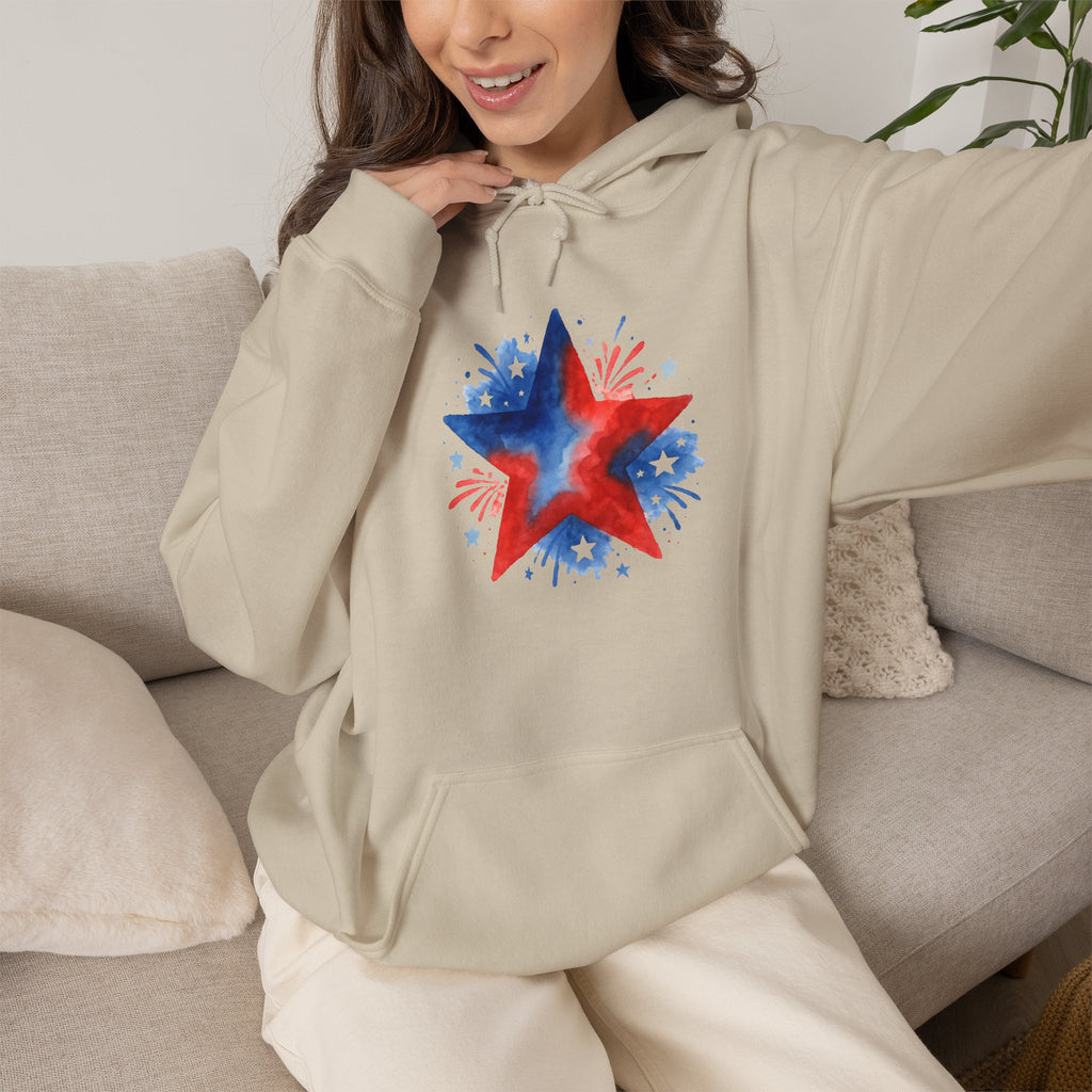 Patriotic Red & Blue Star Hoodie — 4th of July Firework Sweatshirt