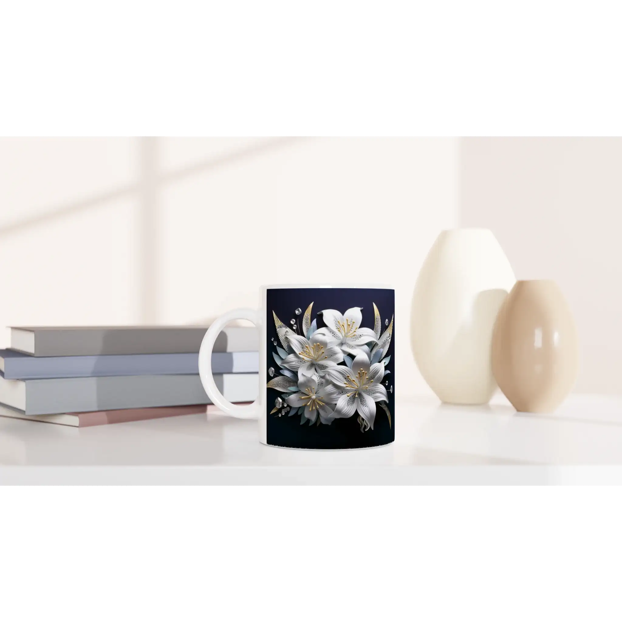 Side view of floral ceramic mug on white background