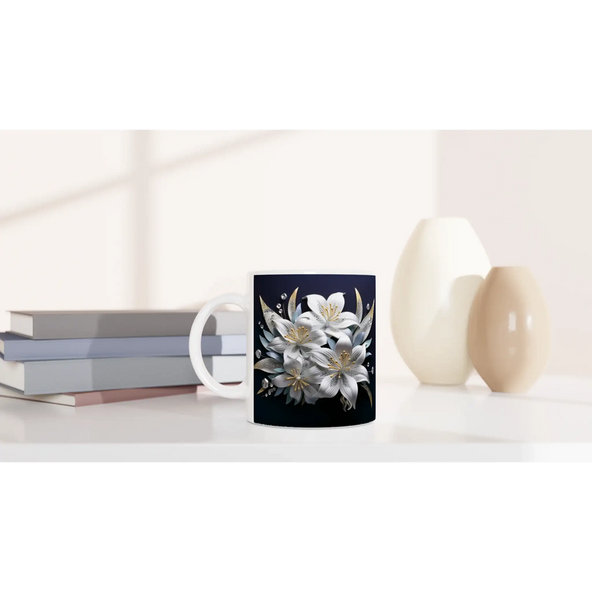 Side view of floral ceramic mug on white background