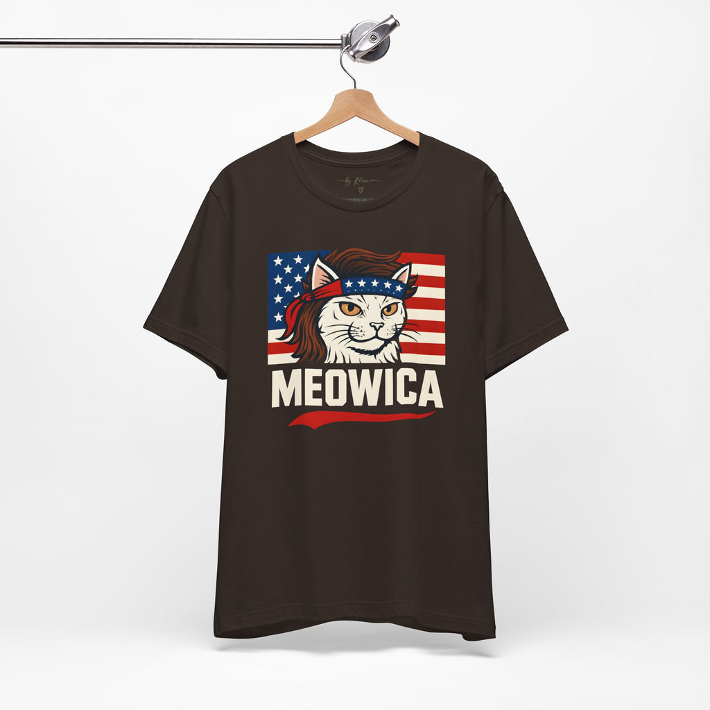 T-Shirt — "Meowica" Patriotic Cat Tee (American Flag, Funny 4th of July Shirt)