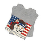 T-Shirt — "Meowica" Patriotic Cat Tee (American Flag, Funny 4th of July Shirt)