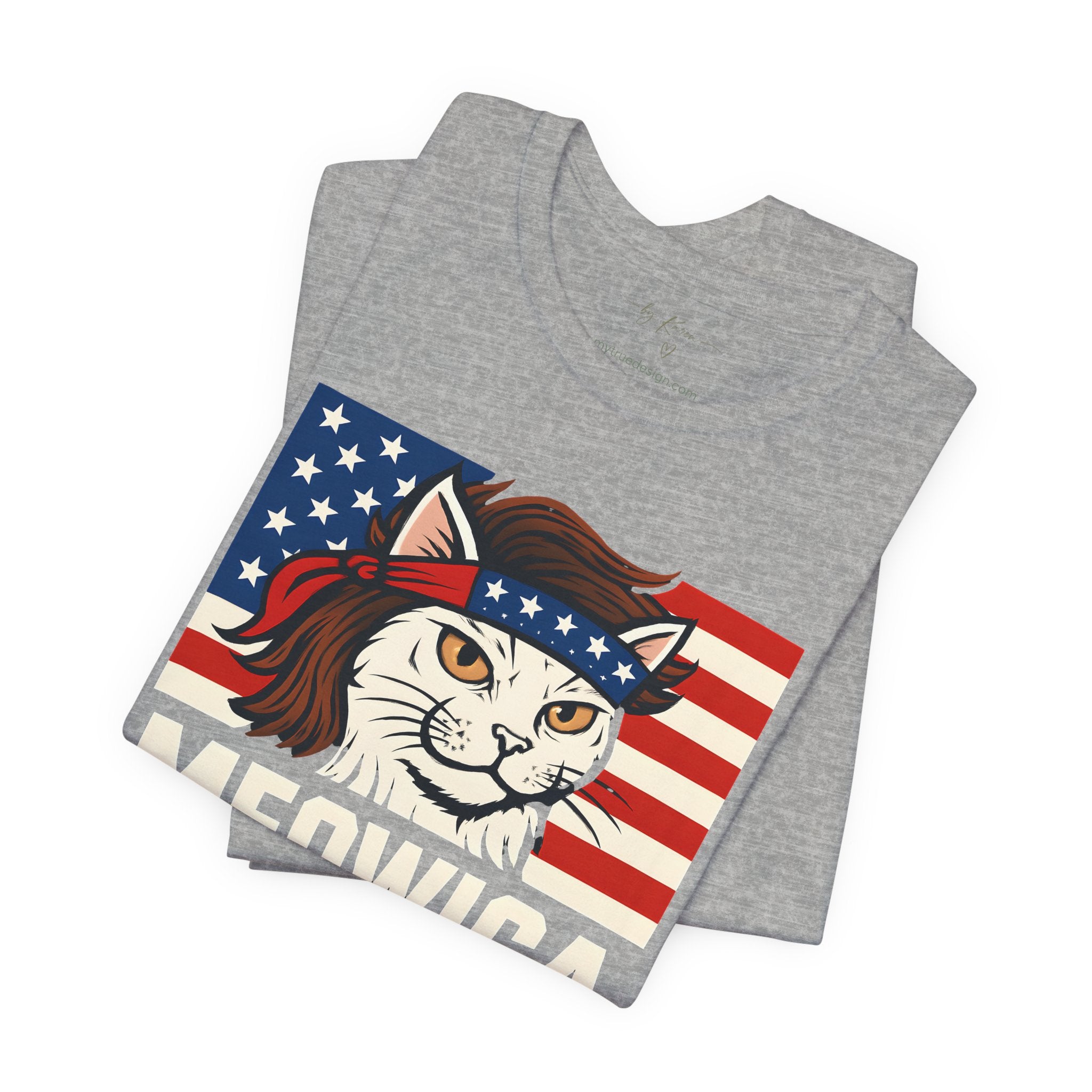 T-Shirt — "Meowica" Patriotic Cat Tee (American Flag, Funny 4th of July Shirt)