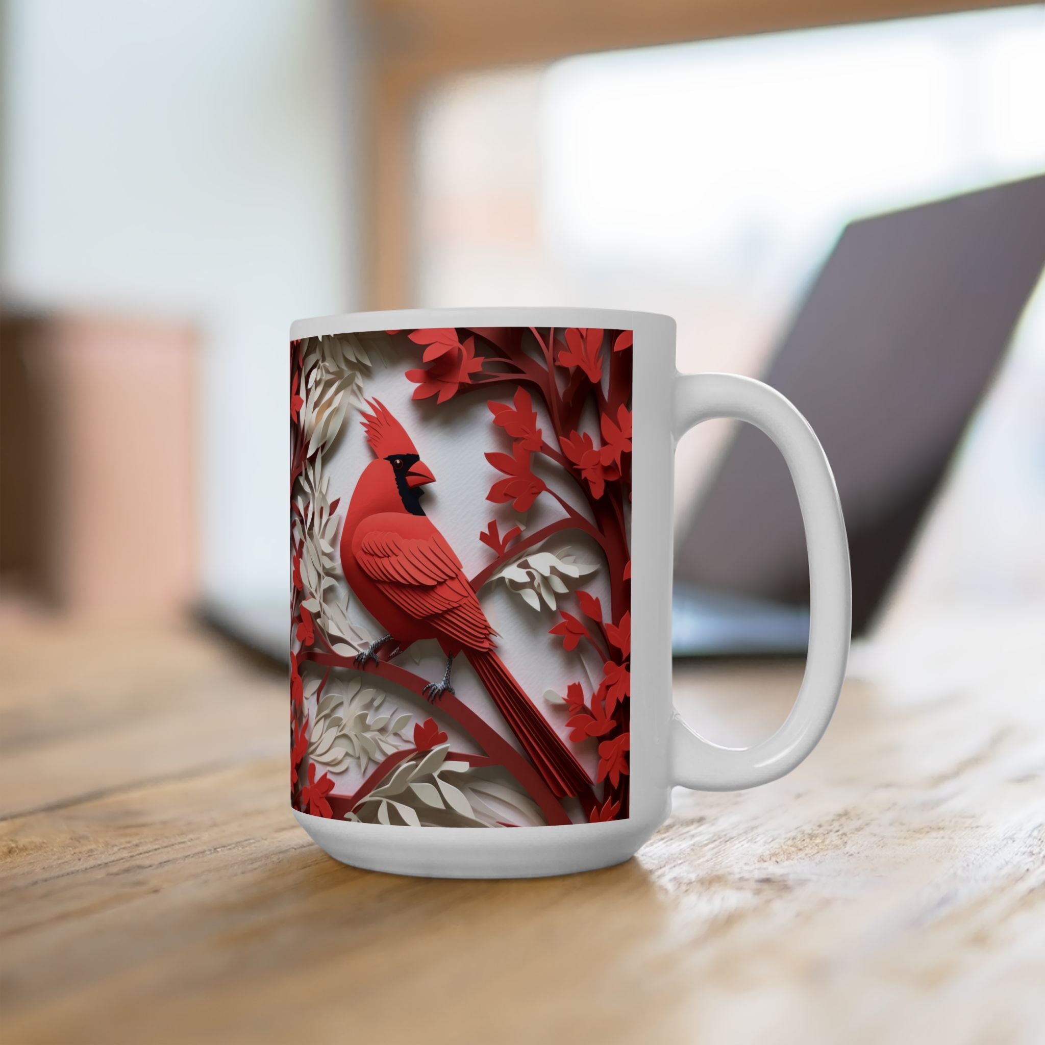 Red Paper-Cut Floral Ceramic Mug (11oz & 15oz) — Botanical Symmetry Coffee Cup