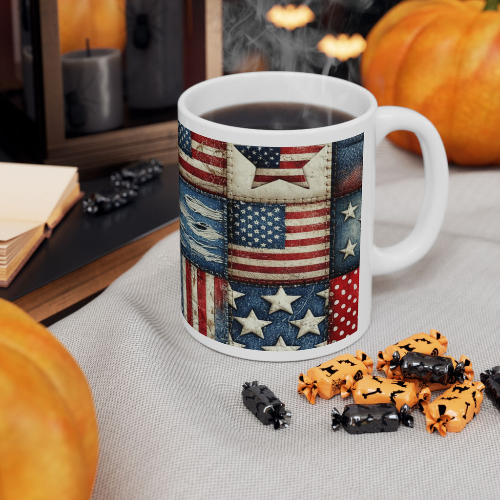 Patriotic Patchwork Ceramic Mug with American Flag Design