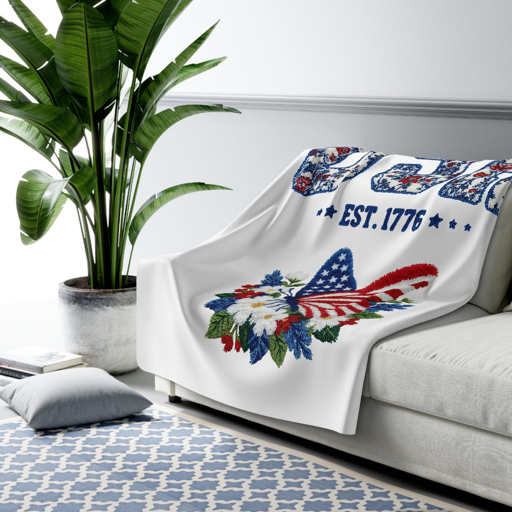 USA Est.1776 Floral Patriotic Sherpa Fleece Blanket for Home Decor
