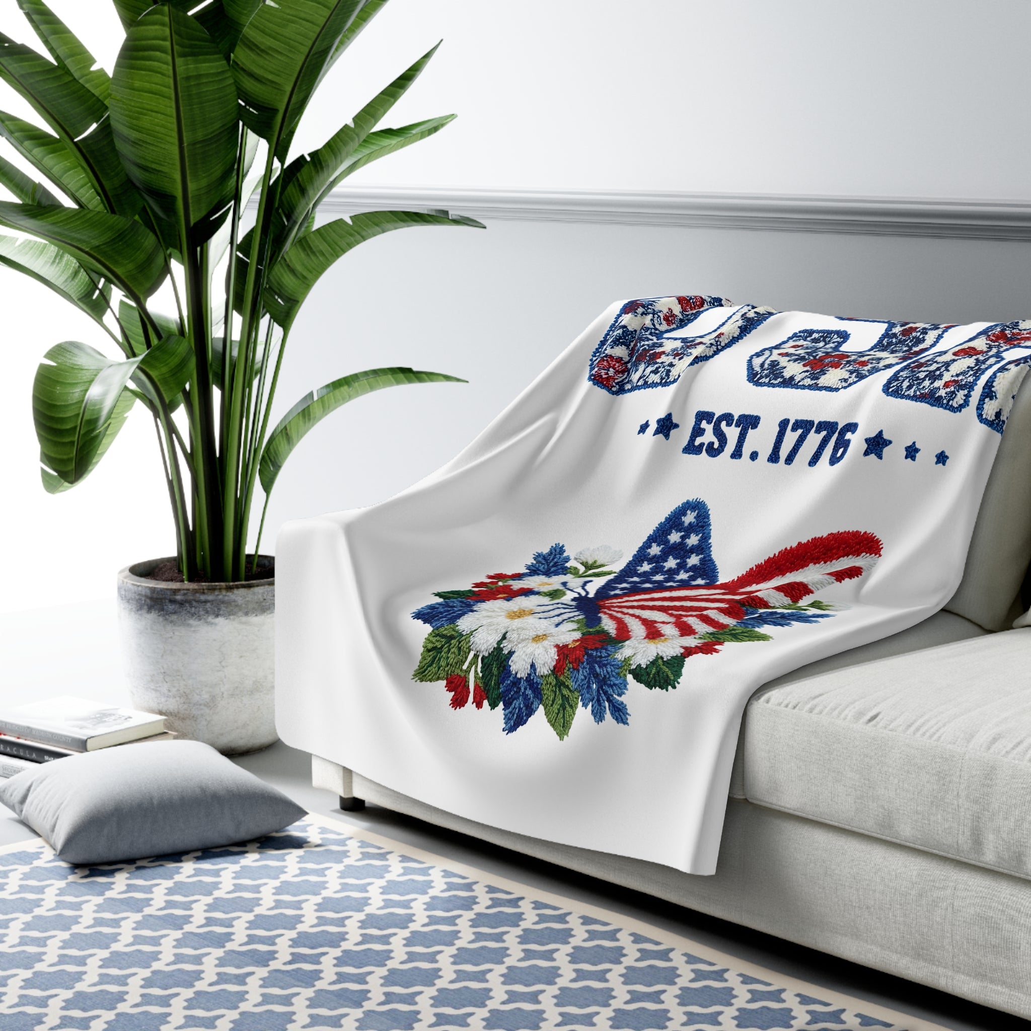 USA Est.1776 Floral Patriotic Sherpa Fleece Blanket for Home Decor