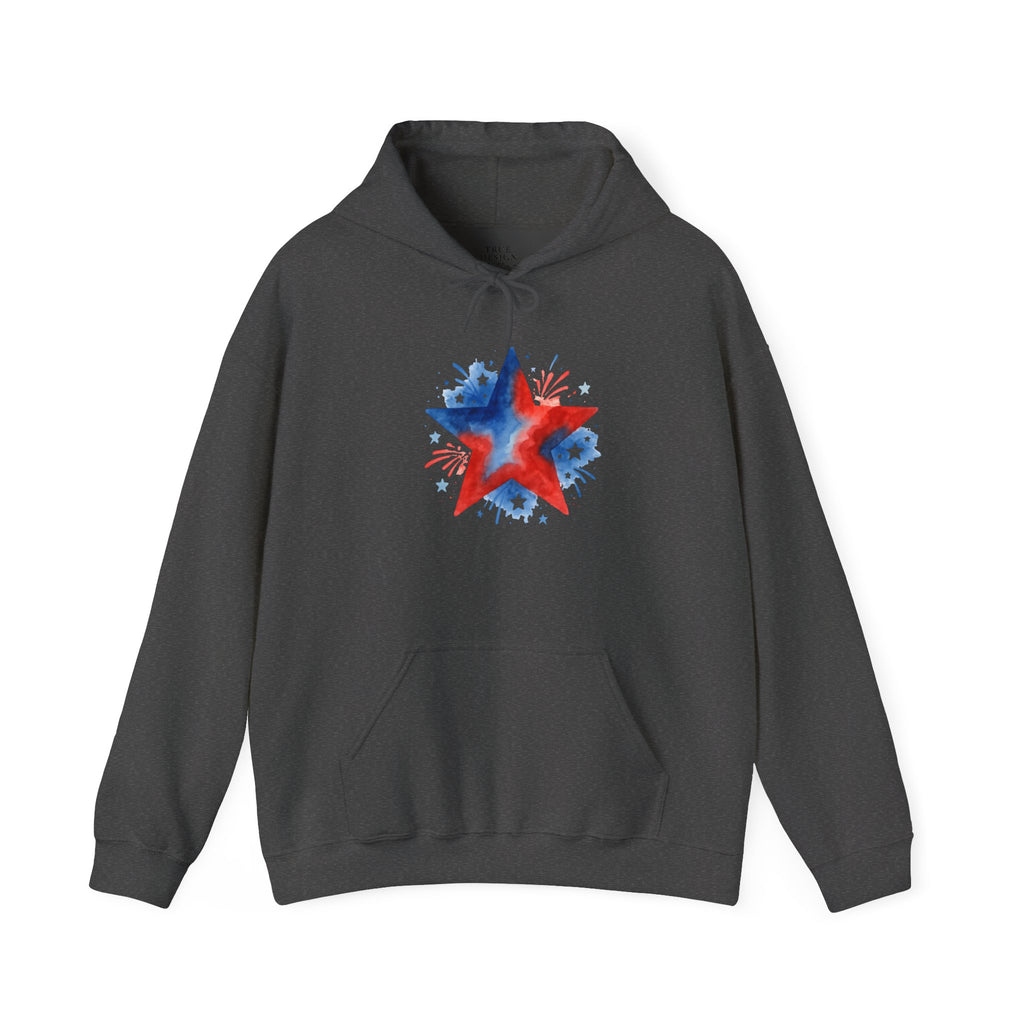 Patriotic Red & Blue Star Hoodie — 4th of July Firework Sweatshirt