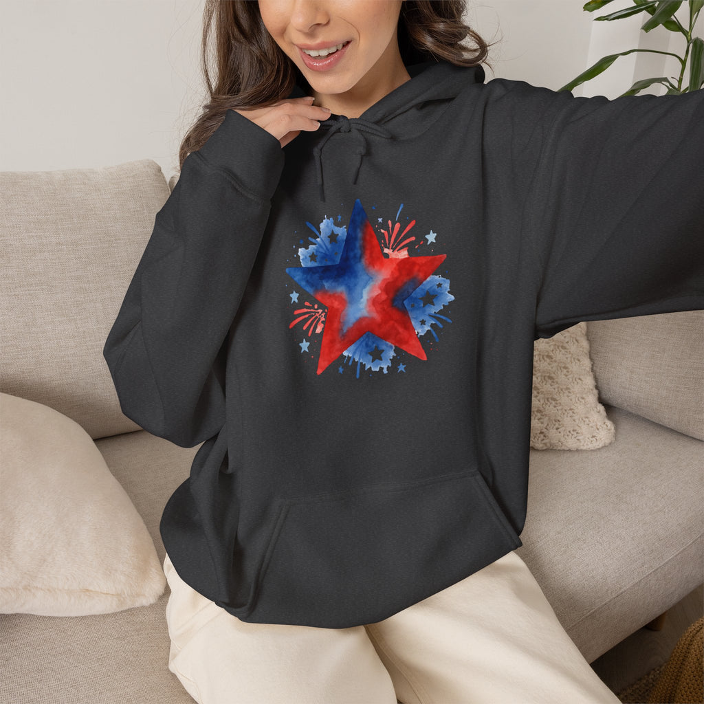 Patriotic Red & Blue Star Hoodie — 4th of July Firework Sweatshirt