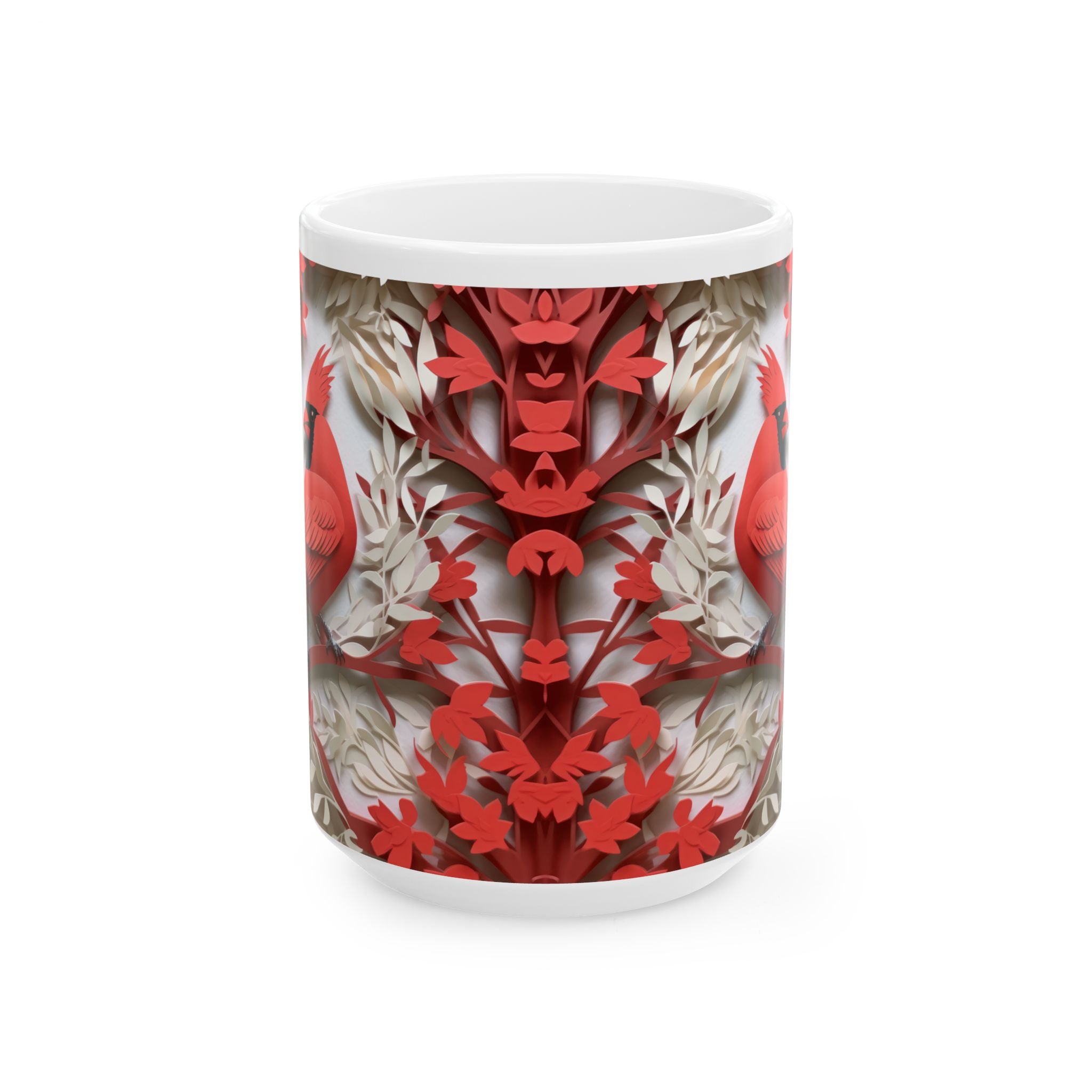Red Paper-Cut Floral Ceramic Mug (11oz & 15oz) — Botanical Symmetry Coffee Cup