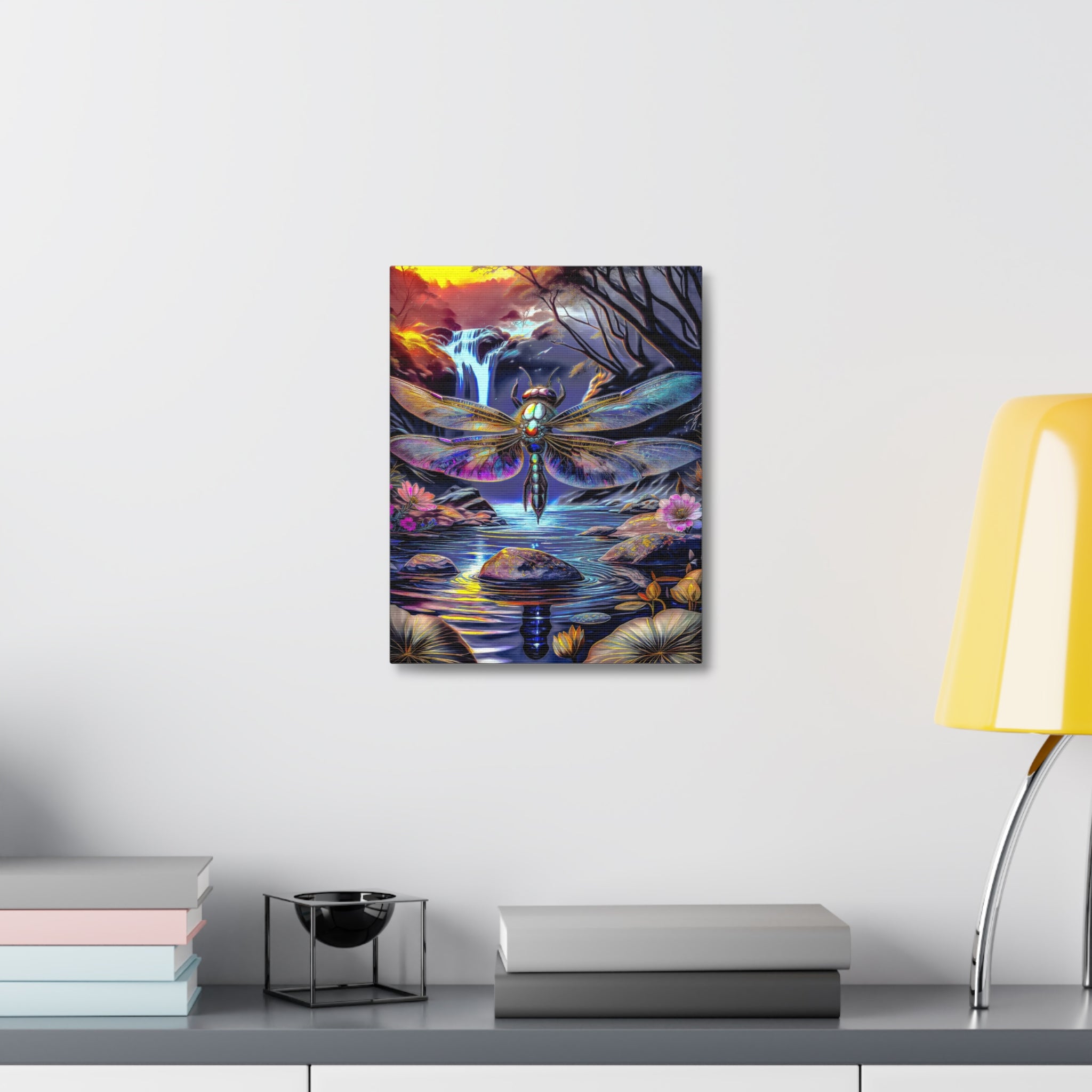 Dragonfly Fantasy Stretched Canvas Wall Art — Colorful Waterfall Nature Scene