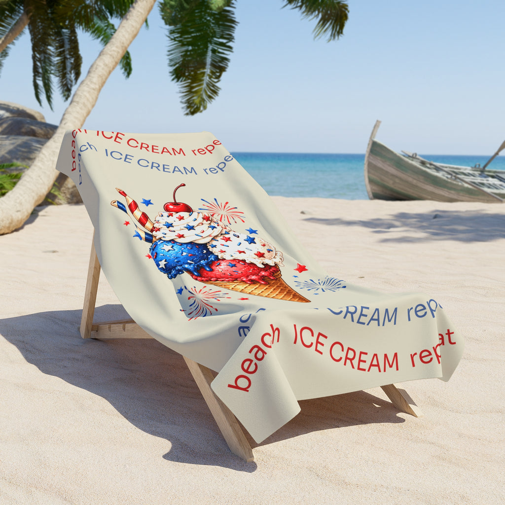 Patriotic Ice Cream Beach Towel — 'Beach Icecream Repeat' Summer Pool & Fourth of July Towel