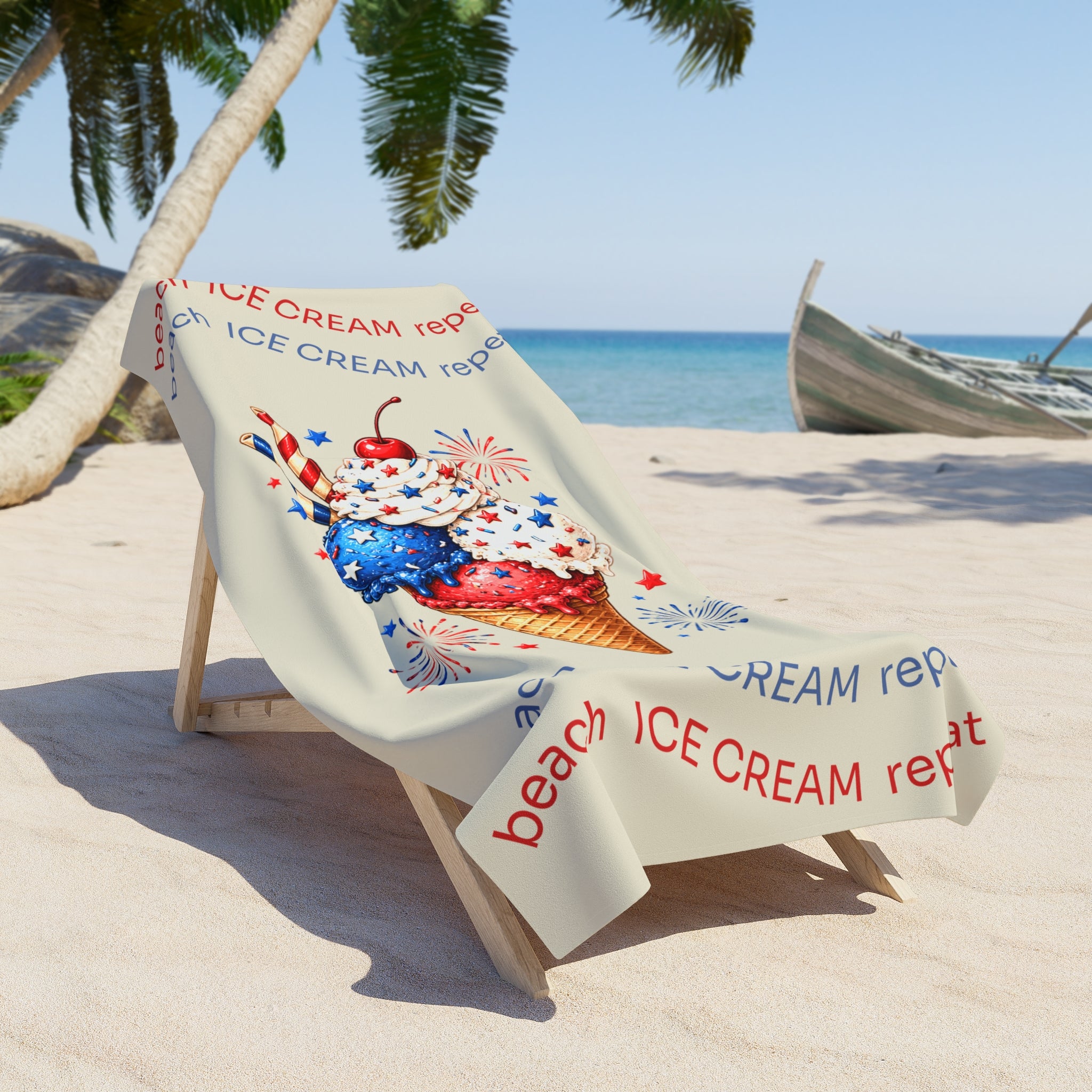 Patriotic Ice Cream Beach Towel — 'Beach Icecream Repeat' Summer Pool & Fourth of July Towel