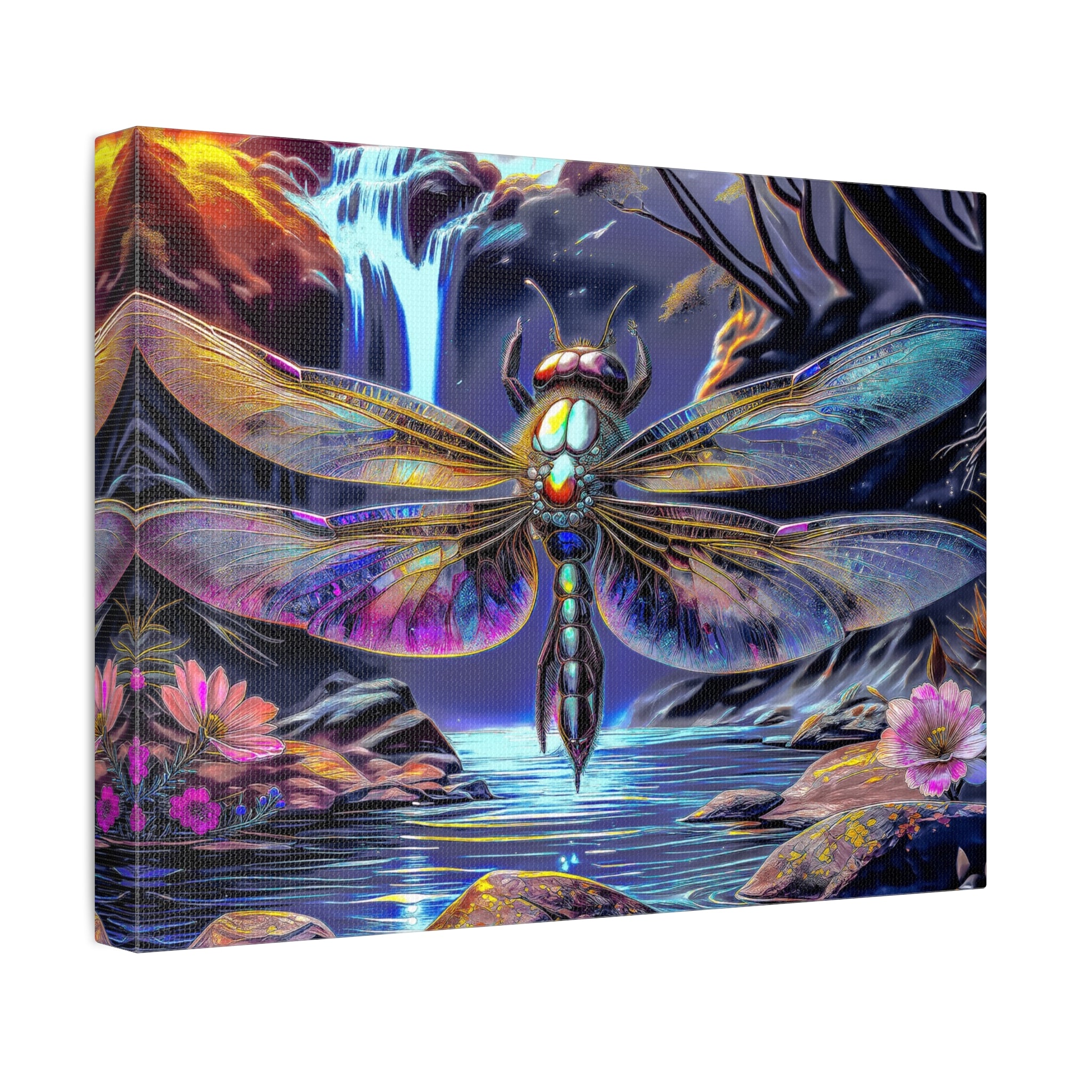 Dragonfly Fantasy Stretched Canvas Wall Art — Colorful Waterfall Nature Scene