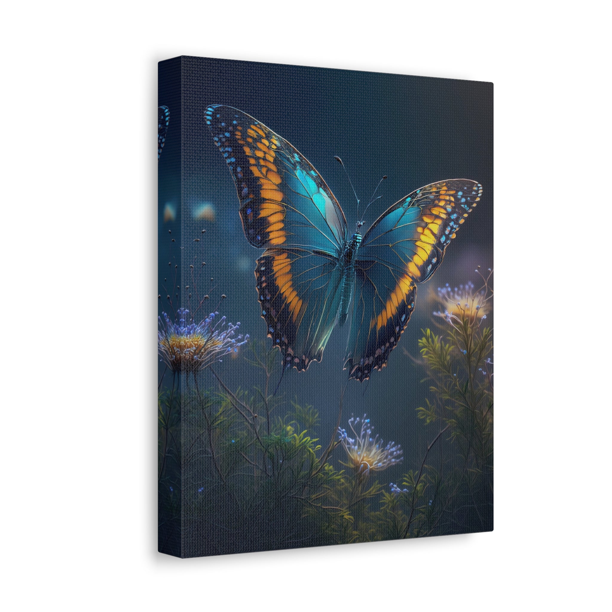 Blue & Gold Butterfly Stretched Canvas Wall Art — Dreamy Nature Print