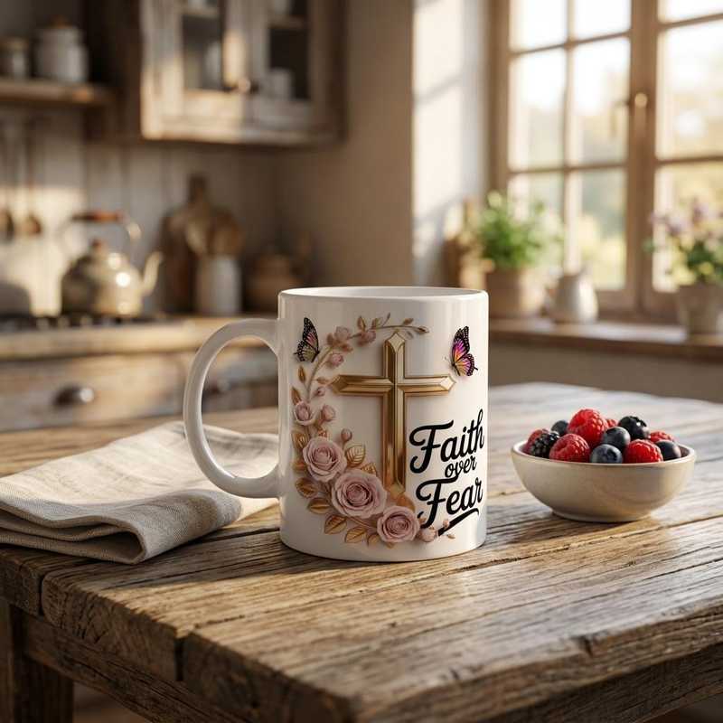 Faith-themed ceramic mug with pink roses, butterflies, and gold cross, on a wooden table with plants and sunlight