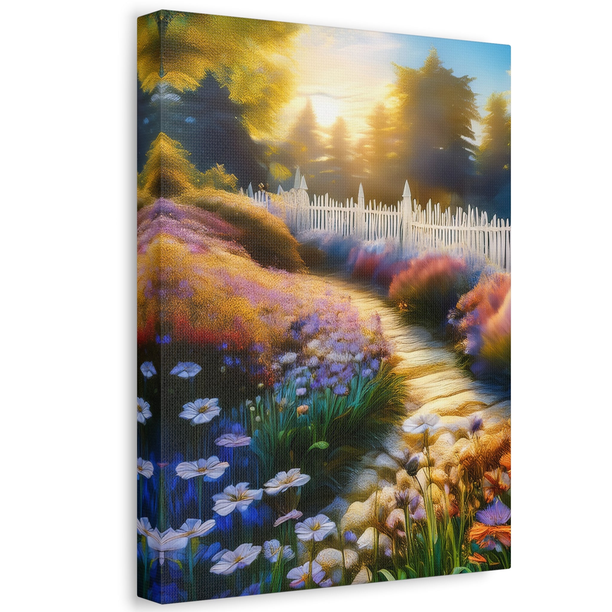 Sunlit Garden Path Stretched Canvas – Colorful Floral Landscape Wall Art
