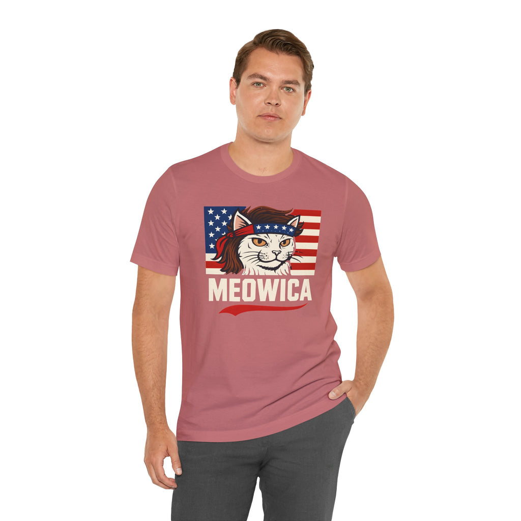 T-Shirt — "Meowica" Patriotic Cat Tee (American Flag, Funny 4th of July Shirt)