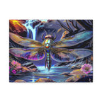 Dragonfly Fantasy Stretched Canvas Wall Art — Colorful Waterfall Nature Scene
