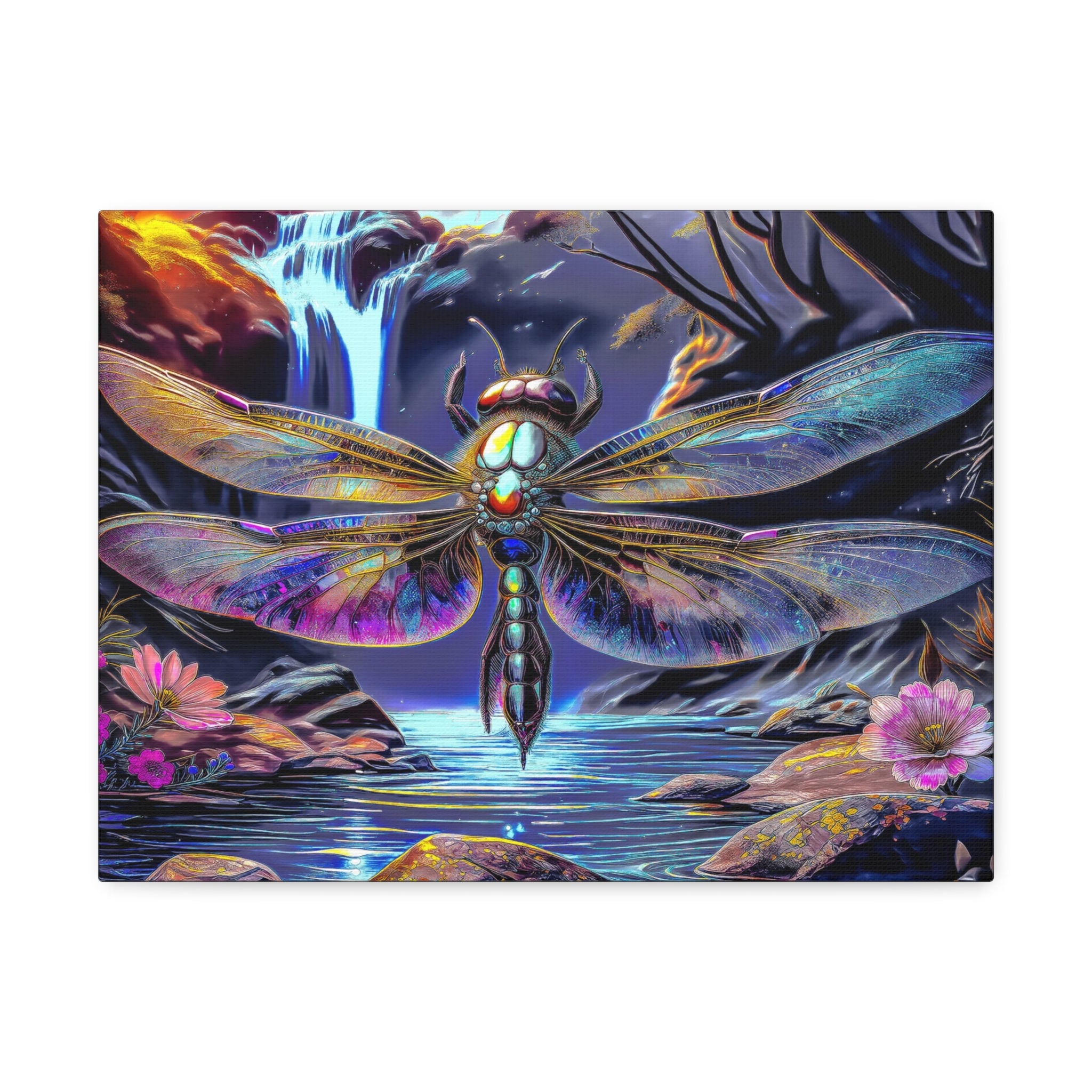Dragonfly Fantasy Stretched Canvas Wall Art — Colorful Waterfall Nature Scene