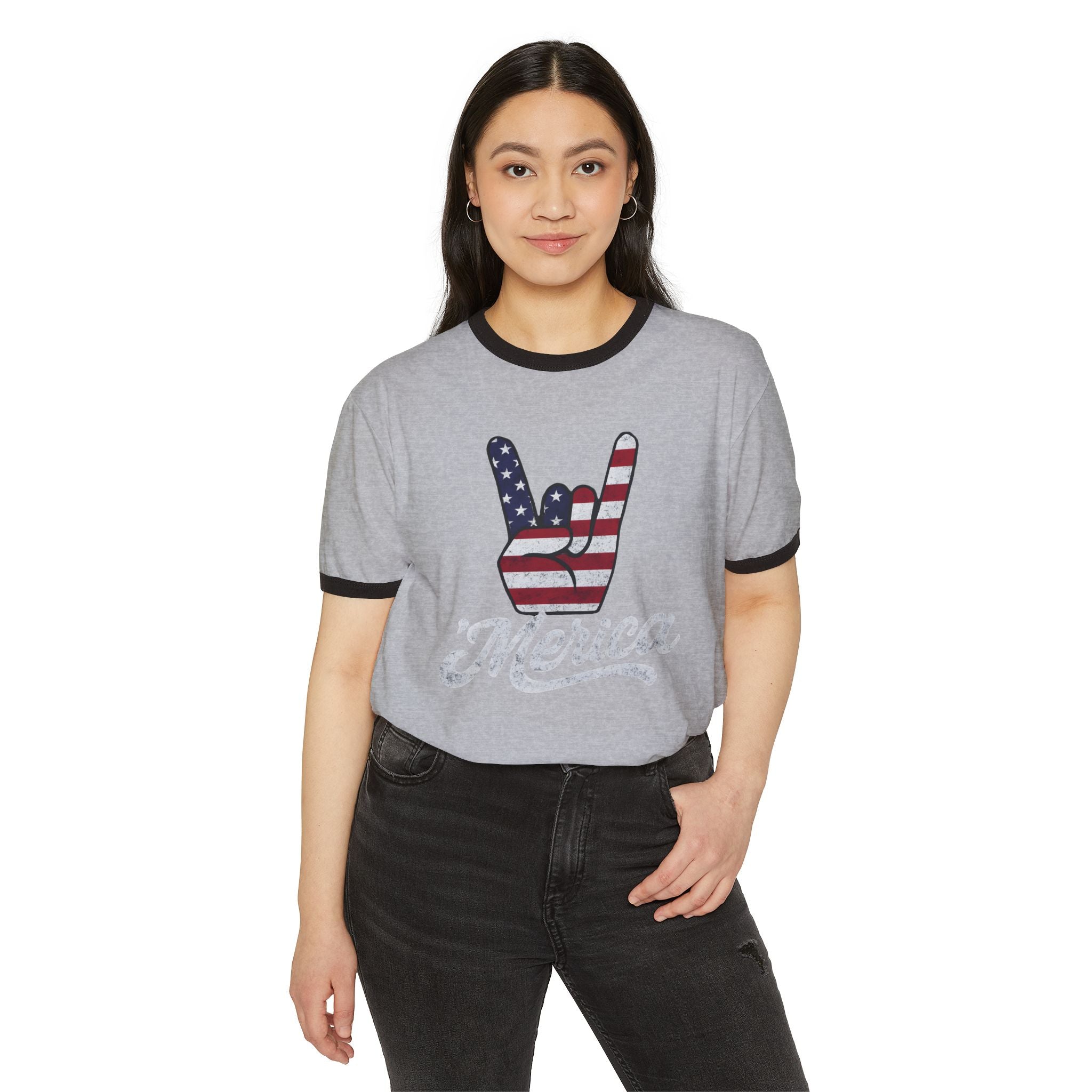 Patriotic Rock Hand Ringer Tee - American Flag Graphic Tee