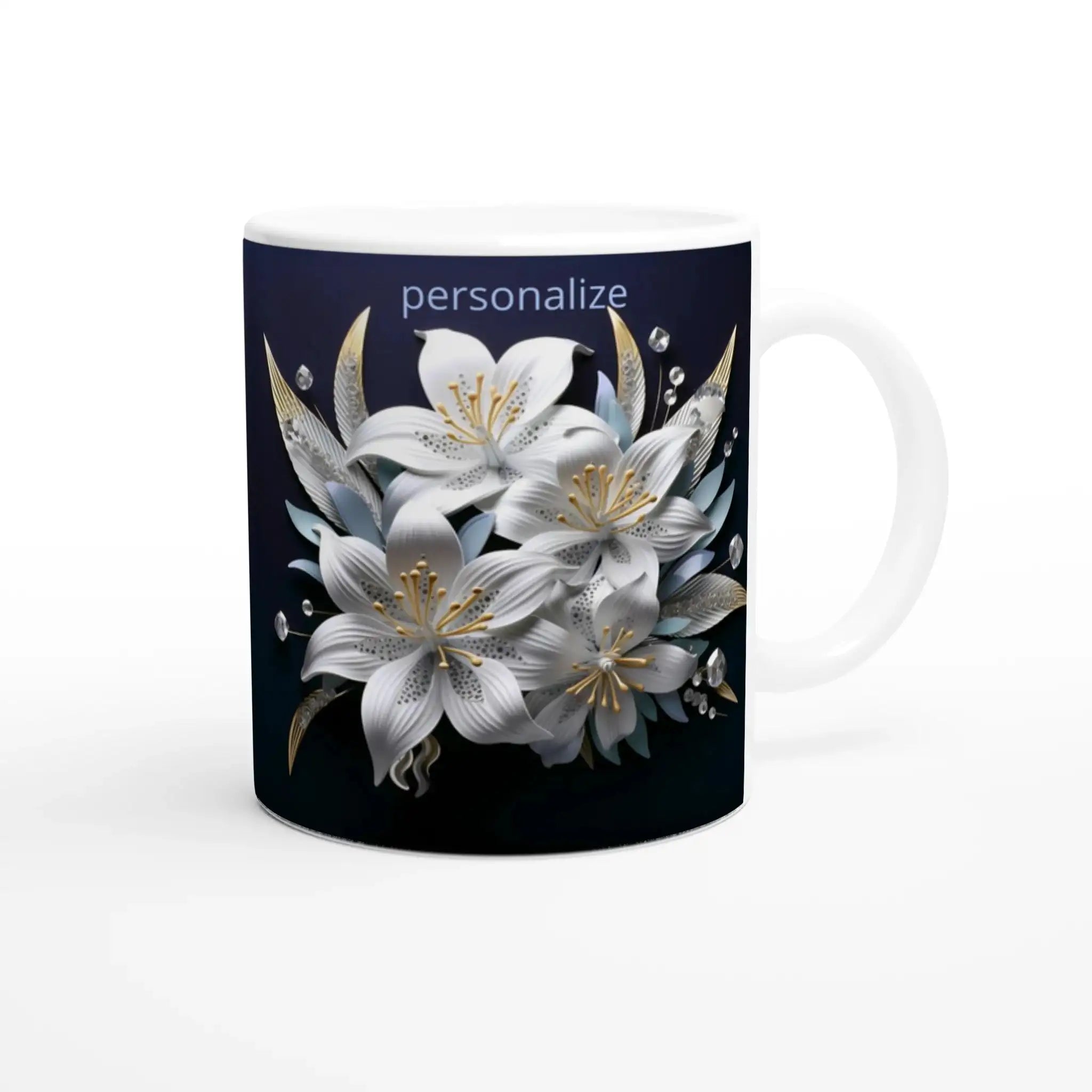 Glossy 11oz ceramic mug with floral design and colored rim