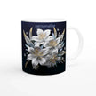 Glossy 11oz ceramic mug with floral design and colored rim
