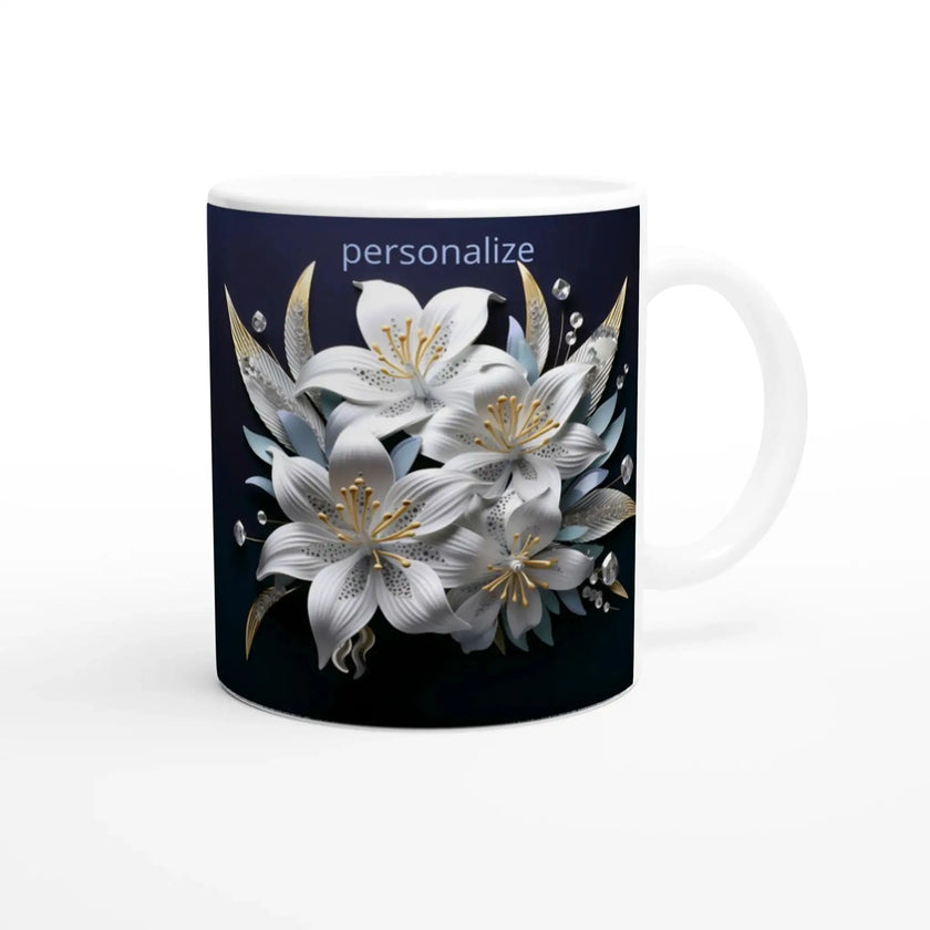 Glossy 11oz ceramic mug with floral design and colored rim